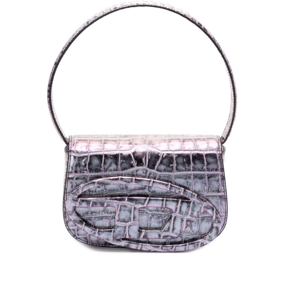 Diesel 1DR Tote Bag in blue crocodile embossing with detachable strap, foldover top, and single handle, 1DR leather shoulder bag.