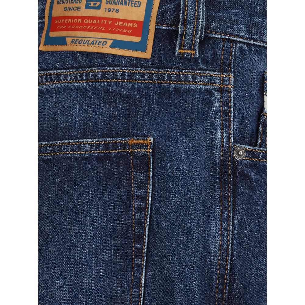 Close-up of Diesel Blue Cotton Relaxed Fit Jeans showing back pocket and branded leather patch detail.