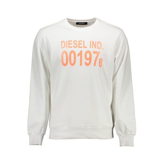 Diesel White Cotton Men Sweater with orange print, crew neck, long sleeves, and signature Diesel logo