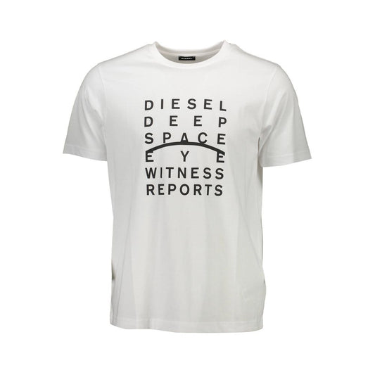 Diesel White Cotton Men T-Shirt with bold typography and iconic Diesel logo, emphasizing style and comfort.