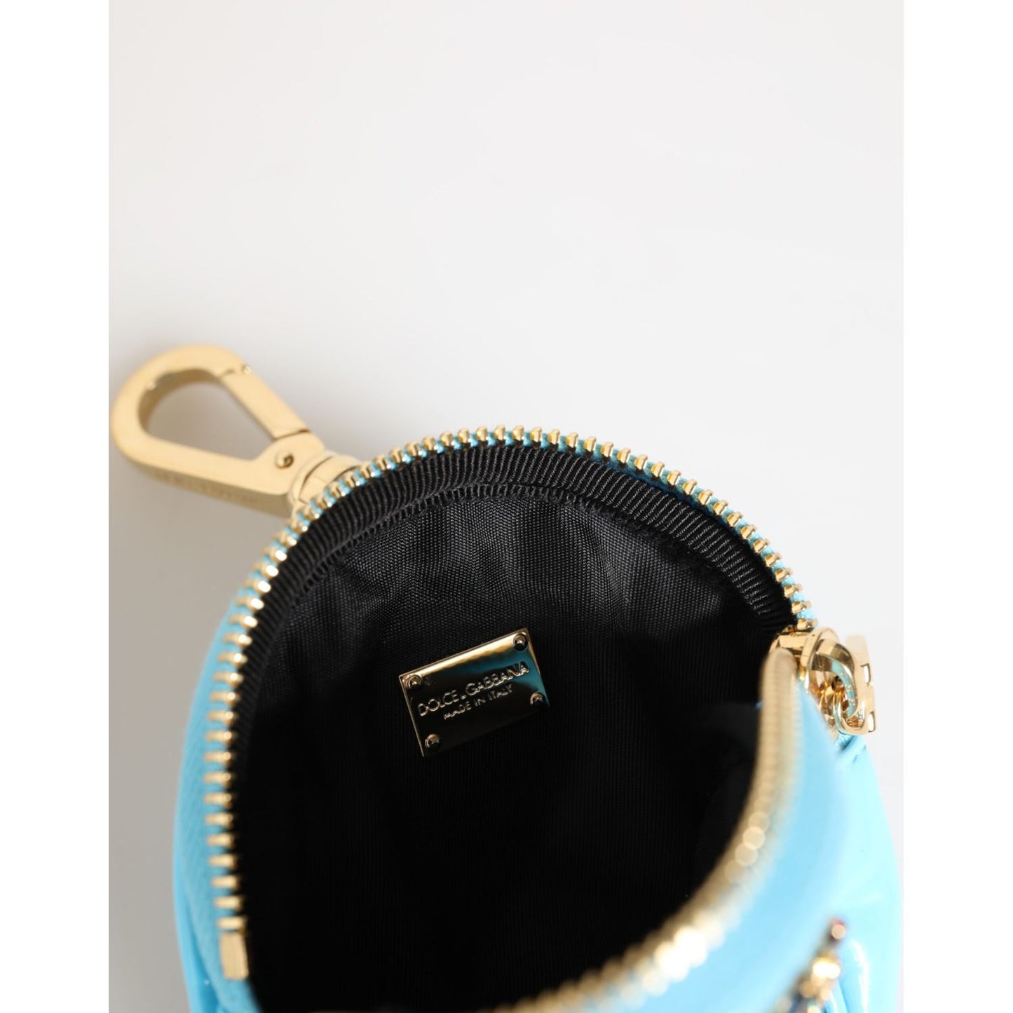 Dolce & Gabbana Azure Blue Leather Round Coin Purse Keychain Crystal Logo Wallet