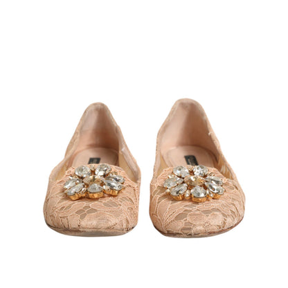 Dolce & Gabbana Beige Taormina Lace Crystals Flats Shoes