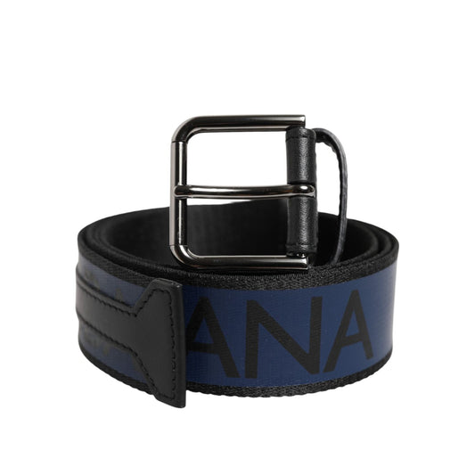 Dolce & Gabbana Black Blue DG Logo Silver Metal Buckle Belt showing rolled pattern and buckle detail.