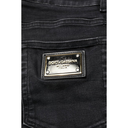 Close-up of Dolce & Gabbana Black Cotton Skinny Men Denim Jeans with logo detail and high craftsmanship.