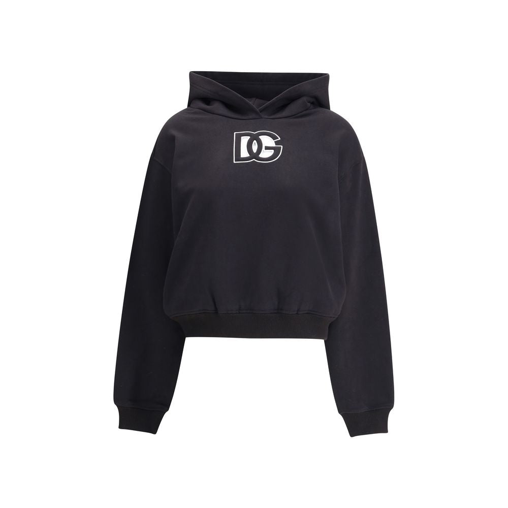 Dolce & Gabbana Black Cotton Sweatshirt with embroidered logo, ribbed cuffs, hem, and hooded design for a sophisticated urban style.