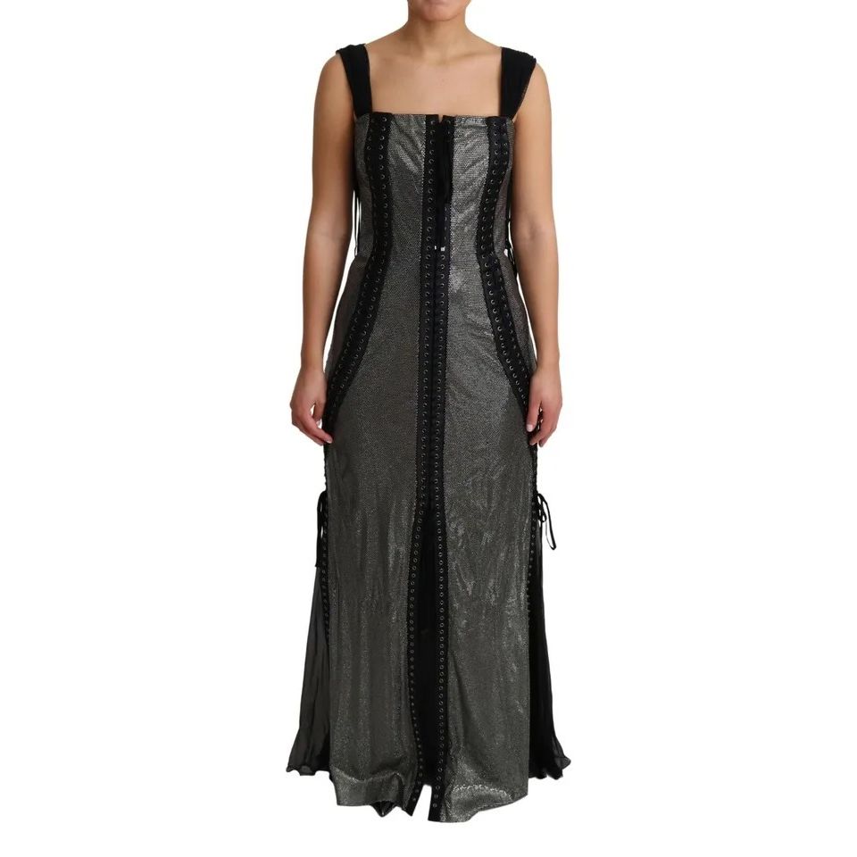 Dolce & Gabbana Black Crystals Lace Up Runway Gown Dress
