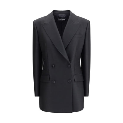 Dolce & Gabbana Black Fleece Wool Blazer with peaked lapels, double-breasted design, and four-button closure for elegant style.