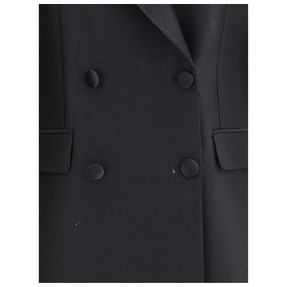 Dolce & Gabbana Black Fleece Wool Blazer with four-button closure and peaked lapels, showcasing classic sartorial elegance.