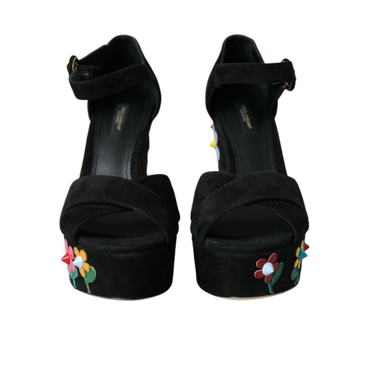 Dolce & Gabbana Black Floral Ankle Strap Heels Sandals Shoes LA10924-39