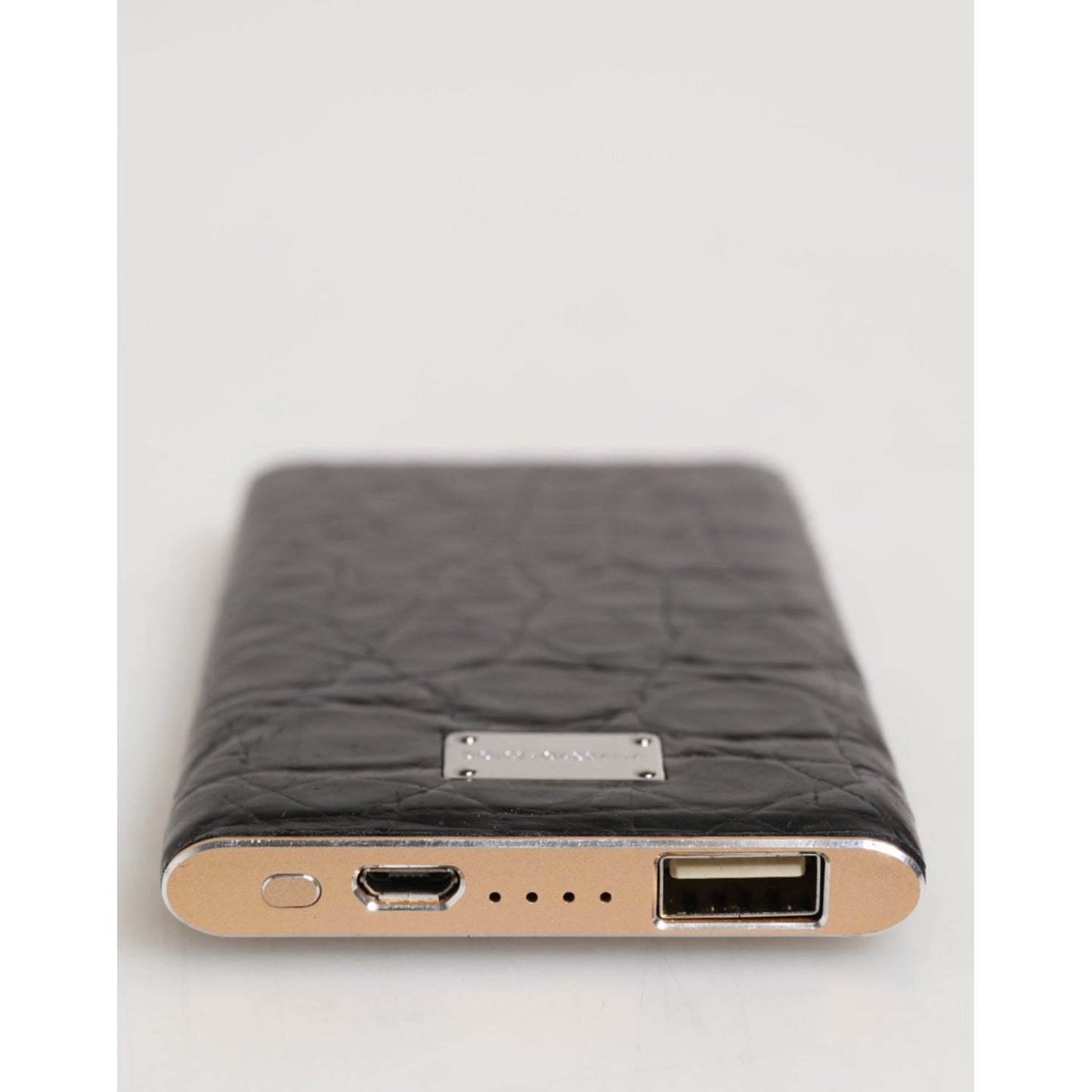 Dolce & Gabbana Black Leather Exotic 3000mAh Power Bank Charger USB with textured design and USB output for stylish charging.