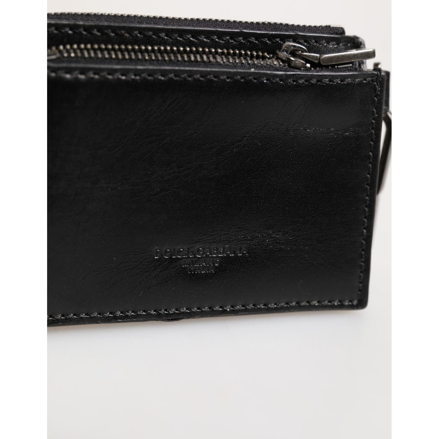 Dolce & Gabbana Black Leather Zip Logo Keyring Coin Purse Keyring Wallet with logo-embossed detail.