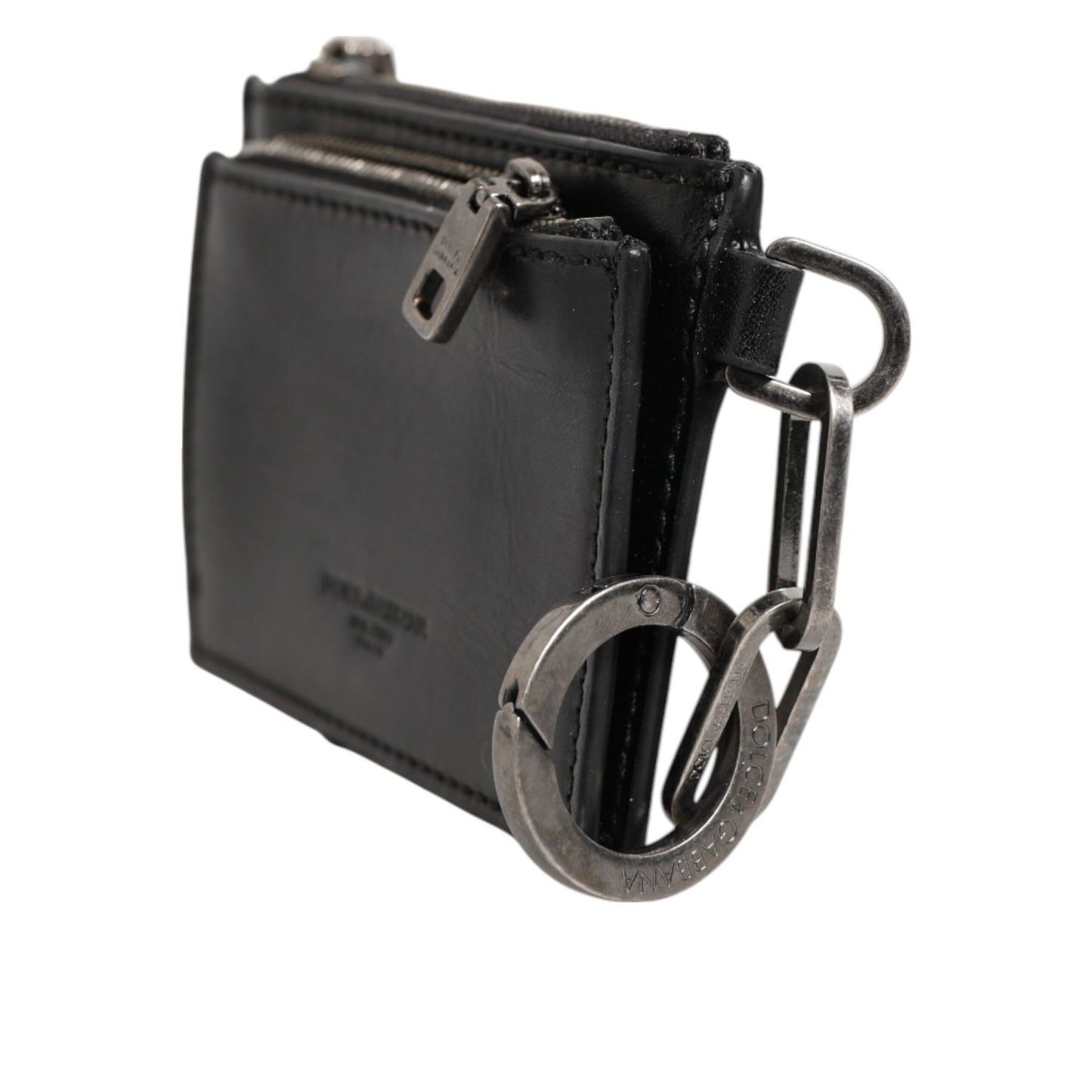 Dolce & Gabbana Black Leather Zip Logo Keyring Coin Purse Keyring Wallet with metal snap closure and card slots, minor zipper defect visible