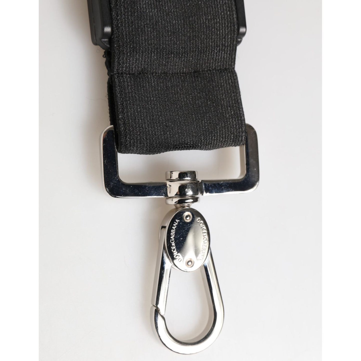 Dolce & Gabbana Black Polyester Stretch Rubberised DG Logo Men Keychain with silver clasp and black strap