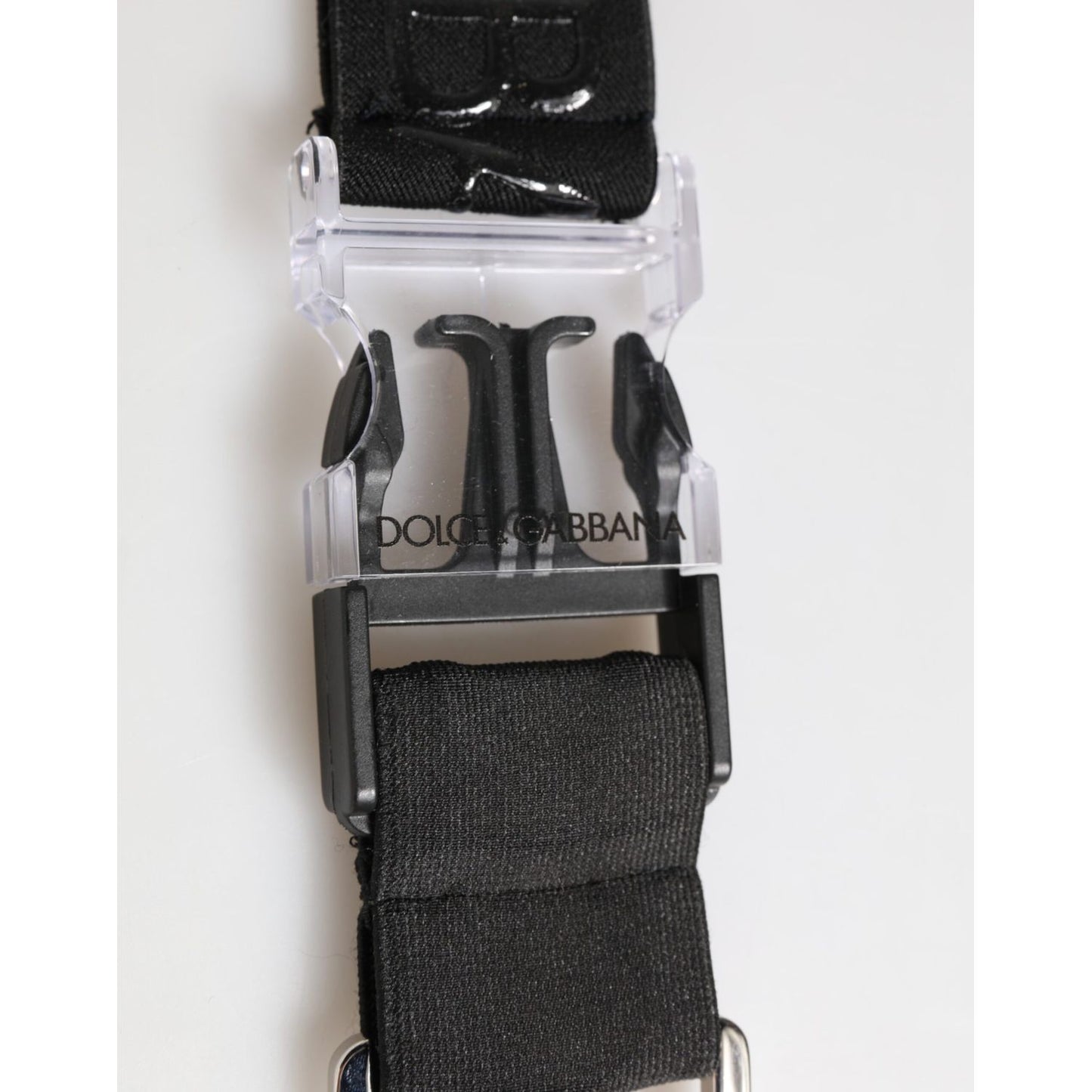 Dolce & Gabbana Black Polyester Stretch Rubberised DG Logo Men Keychain showing close-up of buckle detail.