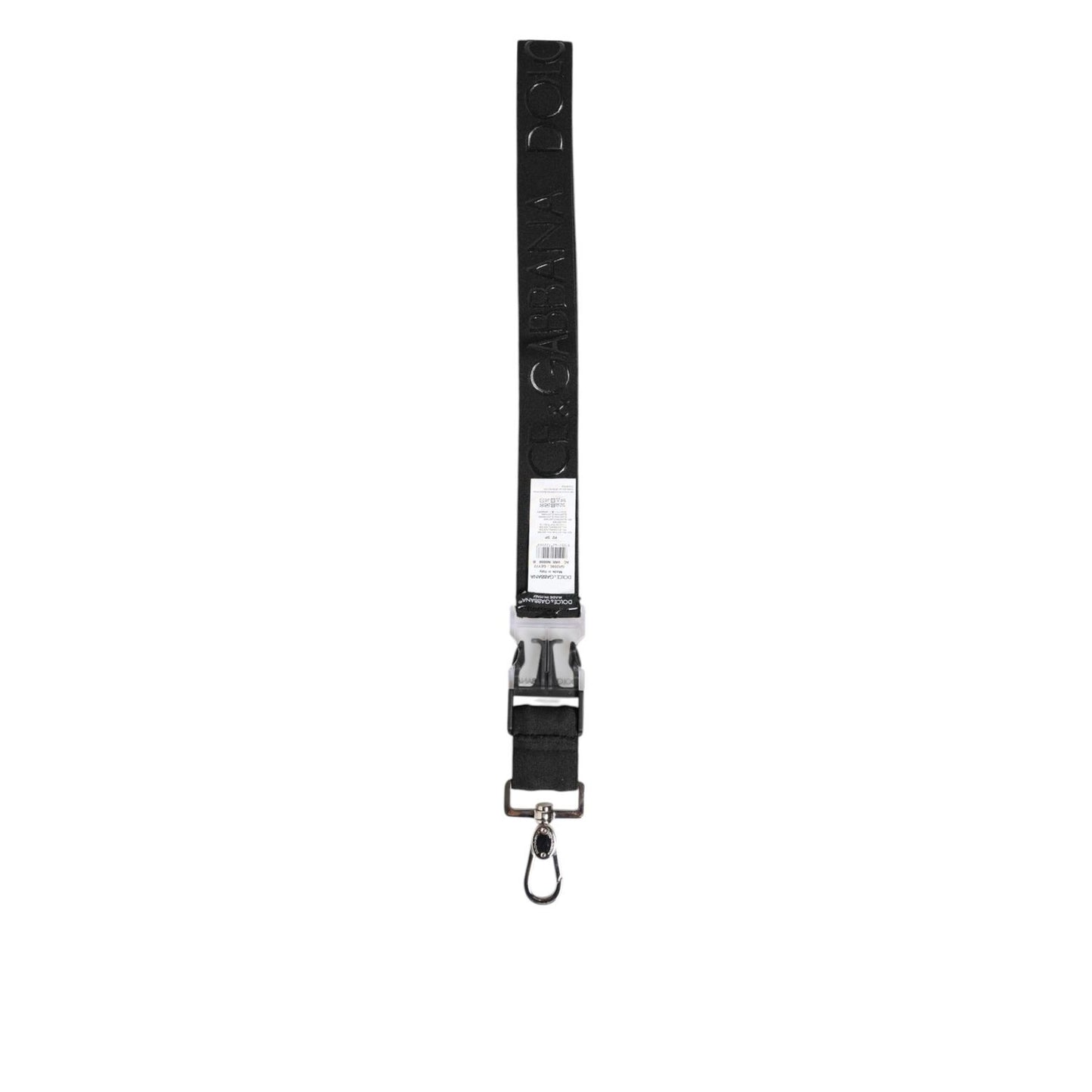 Dolce & Gabbana Black Polyester Stretch Rubberised DG Logo Men Keychain hanging on white background.