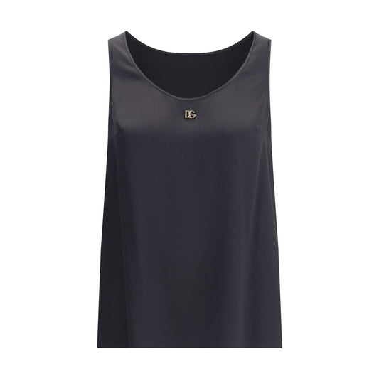 Dolce & Gabbana Black Silk Top with logo plaque, elegant sleeveless design, perfect for sophisticated feminine looks, 100% silk.
