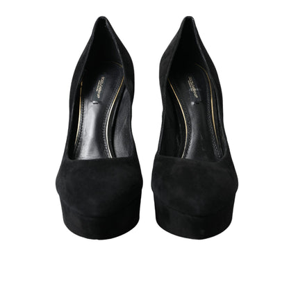 Dolce & Gabbana Black Suede Leather Platform Heel Pumps Shoes
