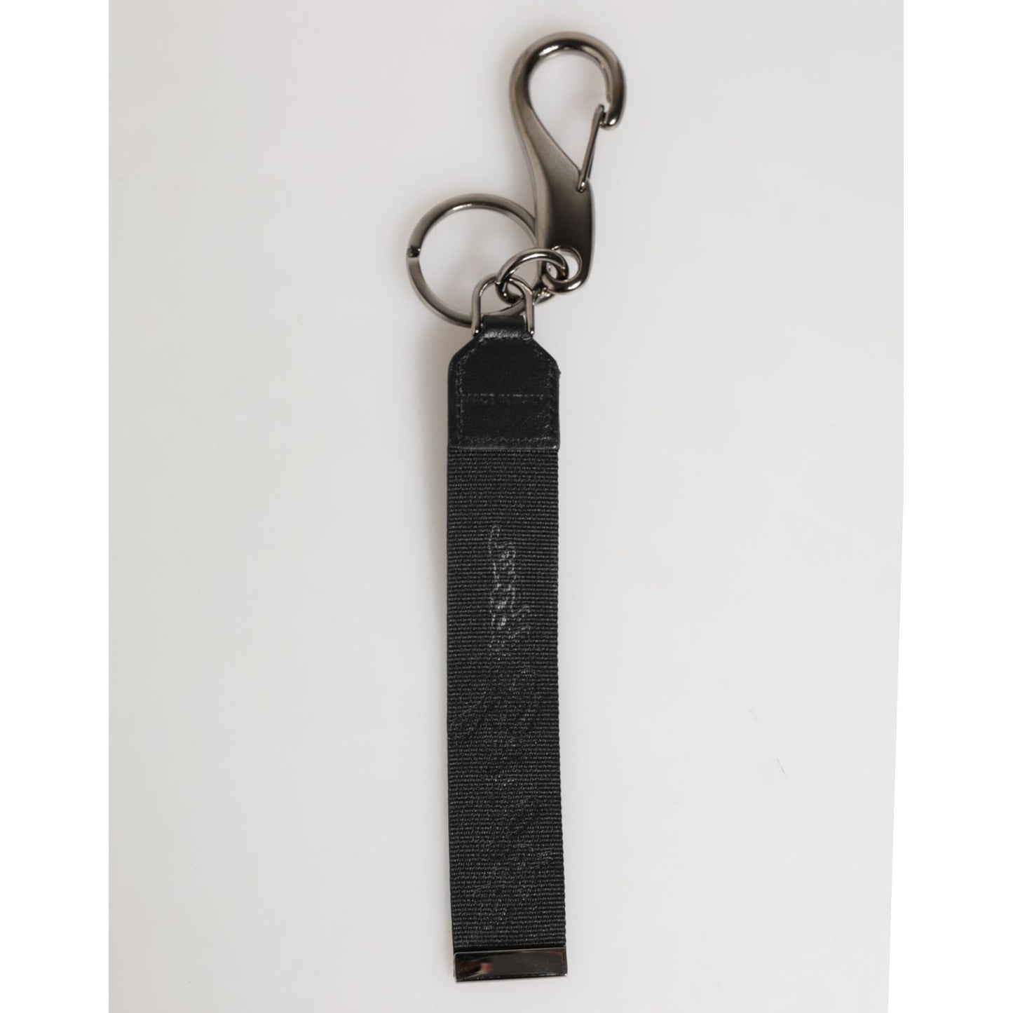 Dolce & Gabbana Black White Polyester DG Logo Silver Men Keychain Keyring with silver hardware and black strap, luxury accessory.