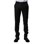 Dolce & Gabbana Black Wool Formal Men Slim Pants with two front and back pockets, zipper closure, and logo details, made of 100% virgin wool.