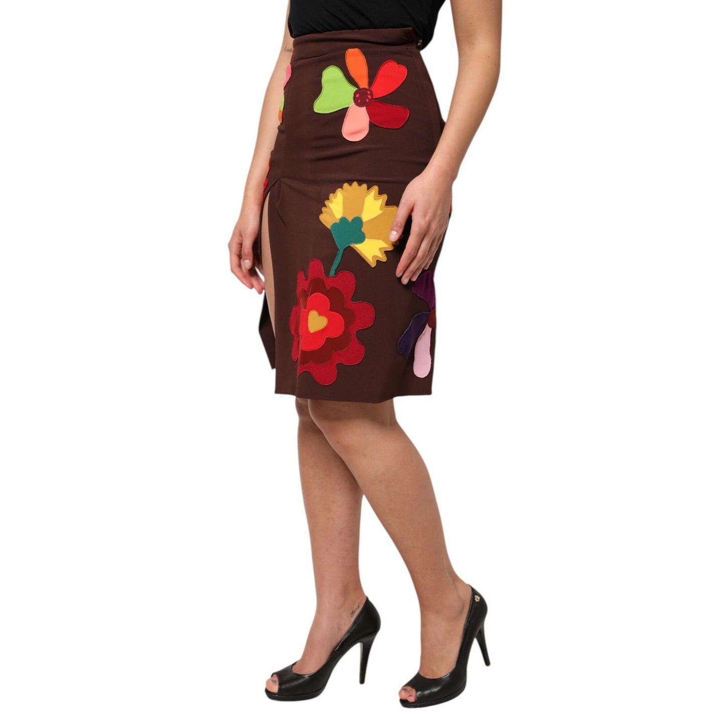 Dolce & Gabbana Brown Floral High Waist Side Slit Skirt