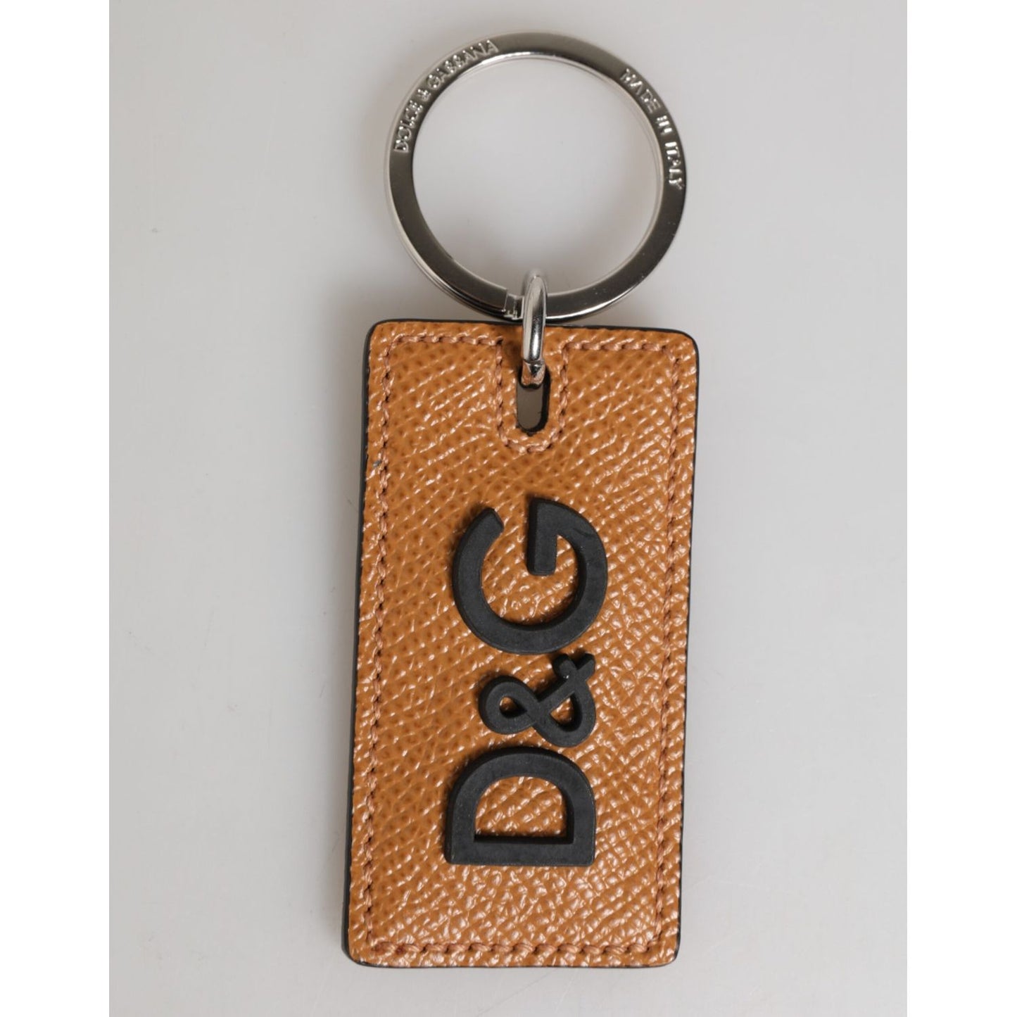 Dolce & Gabbana Brown Leather Logo Metal Ring Keychain Holder Men Keyring with silver detailing, made in Italy.