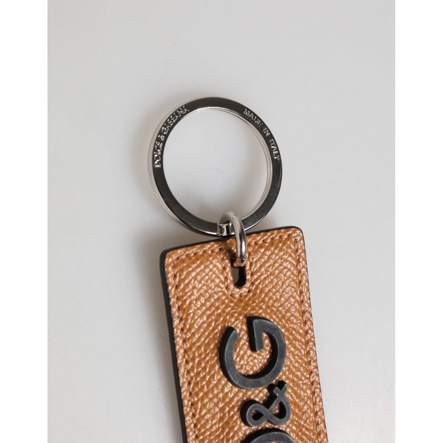Dolce & Gabbana Brown Leather Logo Metal Ring Keychain Holder Men Keyring with silver detailing and engraved hardware.