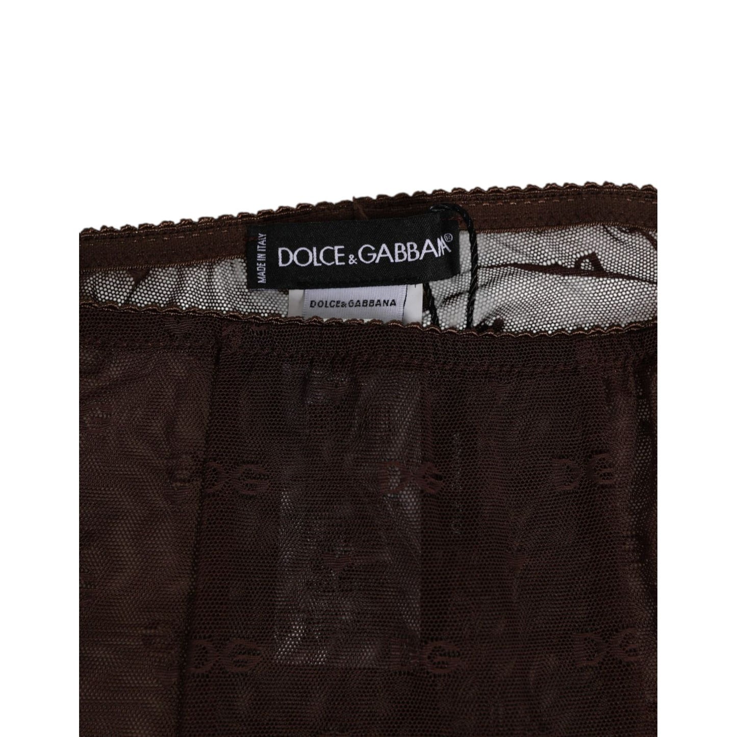 Dolce & Gabbana Brown Nylon Logo Lace Leggings Pants Underwear tag detail, highlighting luxurious design and brand logo.