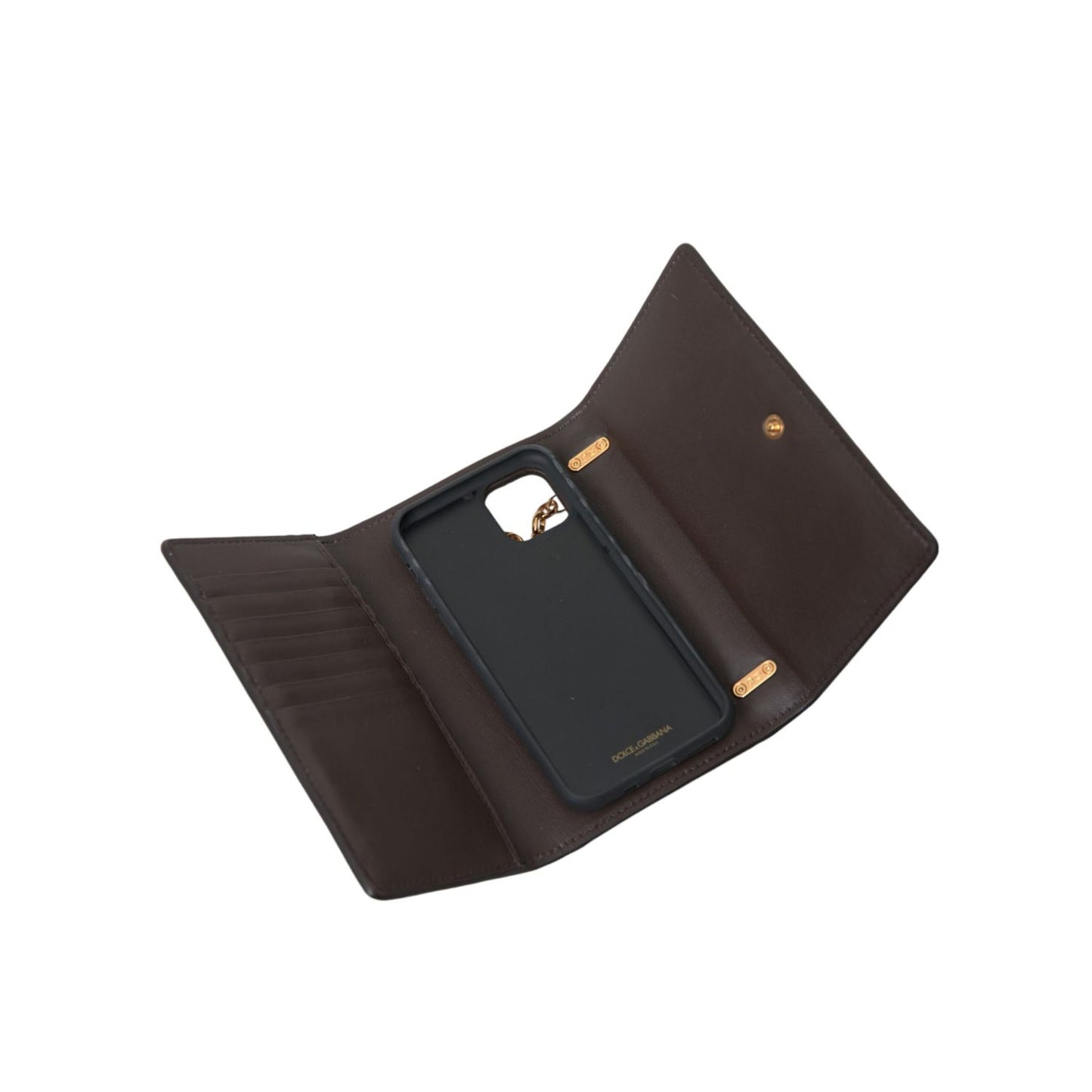 Dolce & Gabbana Brown Python Leather DG Girls Crossbody Phone Bag interior with card slots and phone compartment open view.