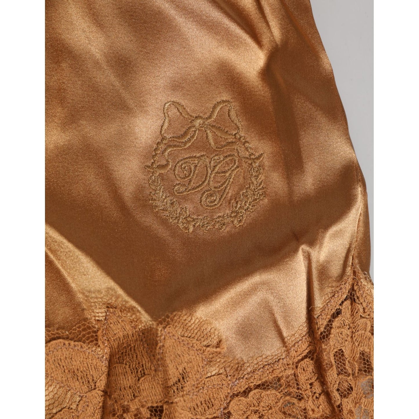 Dolce & Gabbana Brown Silk Satin Floral Lace Shorts Underwear with embroidered logo detail and lace trim