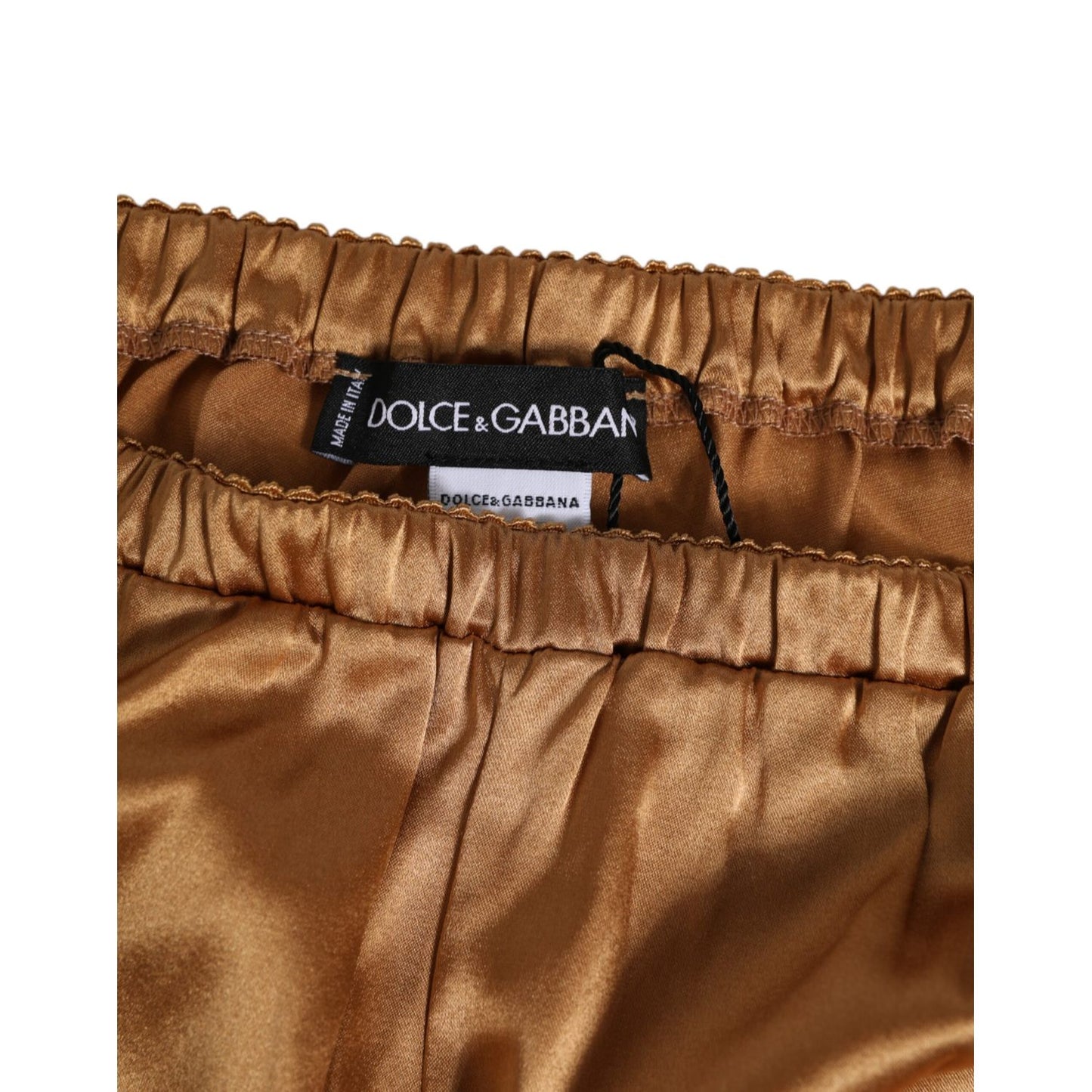Close-up of Dolce & Gabbana Brown Silk Satin Floral Lace Shorts Underwear waistband and label