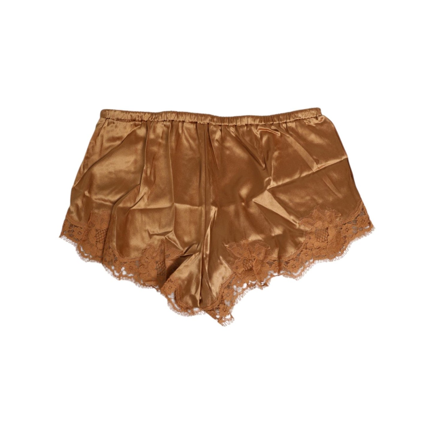 Dolce & Gabbana Brown Silk Satin Floral Lace Shorts Underwear featuring luxurious soft silk and delicate lace trim.