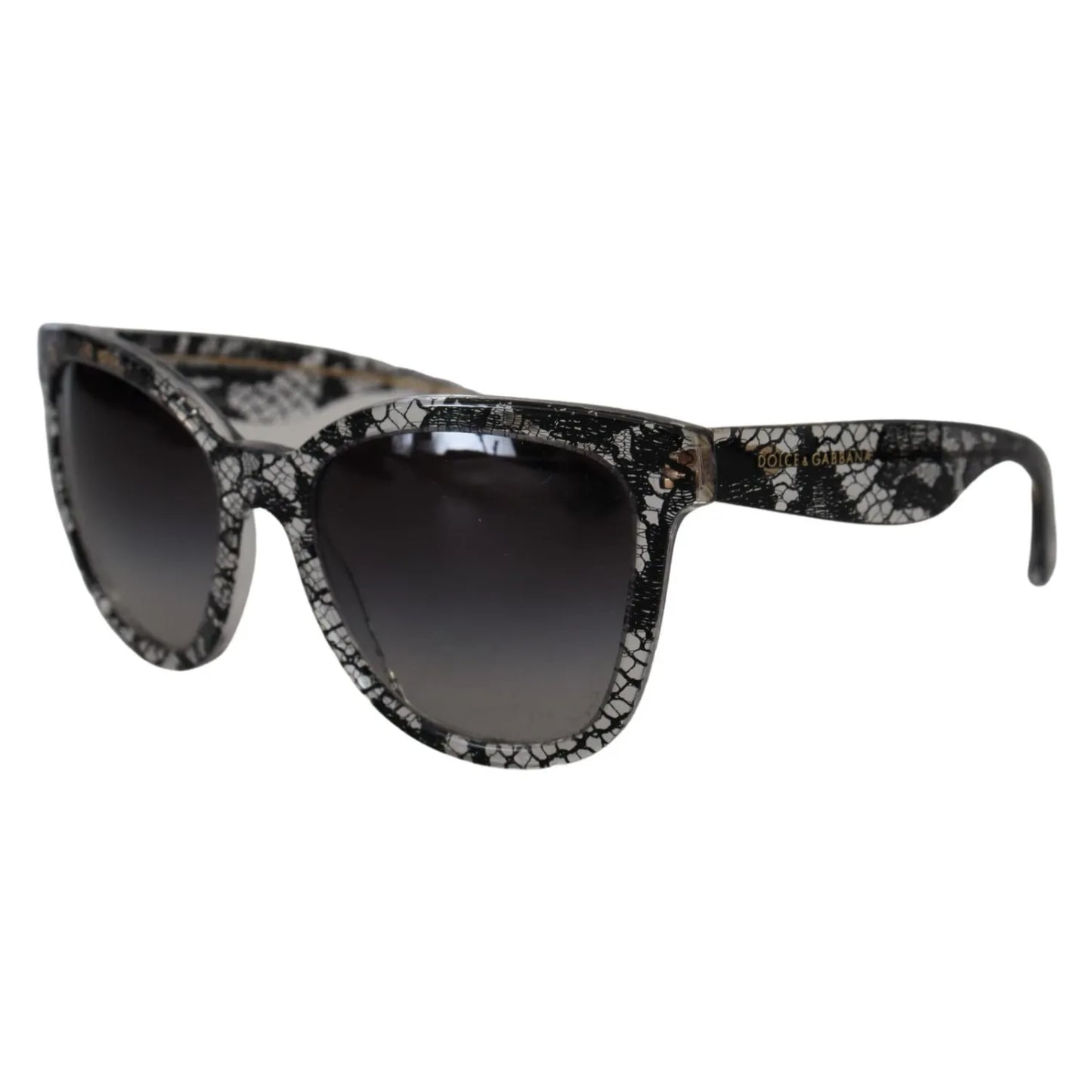 Dolce & Gabbana DG4190 Black Lace Acetate Crystal Round Sunglasses with gray gradient lenses for women, offering 100% UVA protection.