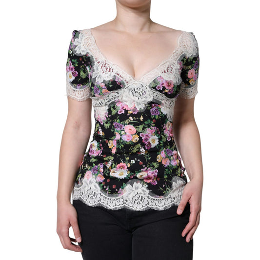 Dolce & Gabbana Black Floral Lace Short Sleeves Blouse Top TSH86564-40