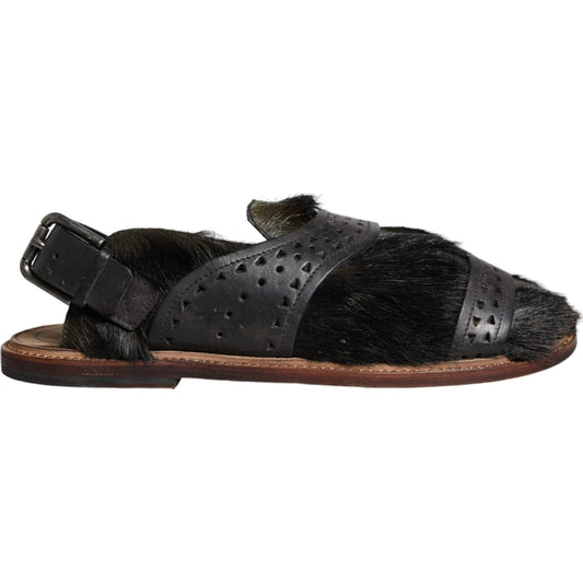Dolce & Gabbana Black Gazelle Hair Leather Flats Sandals Shoes MV5103-44