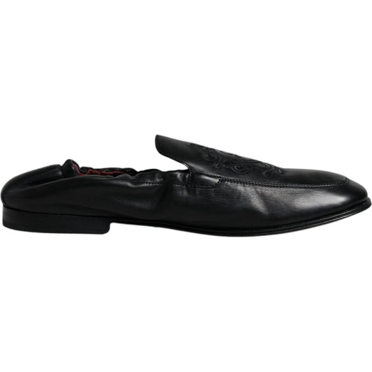Dolce & Gabbana Black Logo Embroidered Leather Loafer Men Dress Shoes MV6306-40