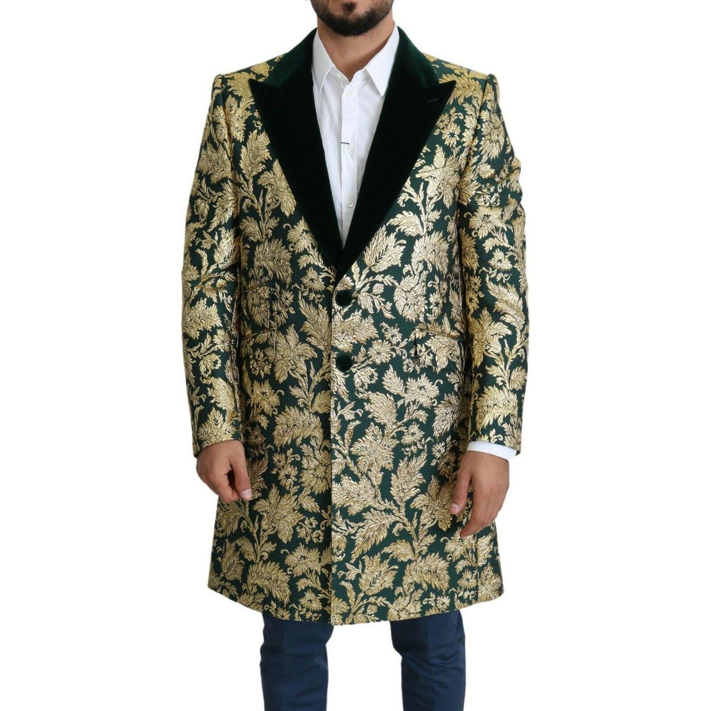 Dolce & Gabbana Elegant Gold Green Jacquard Sicilia Jacket 1728,67345645728,Dolce & Gabbana,Green,IT52 | XL,Jackets - Men - Clothing,Material: 70% Polyester 13% Cotton 10% Nylon 7% Metallized Fiber,Men,New with tags Dolce & Gabbana JKT2724- 52
