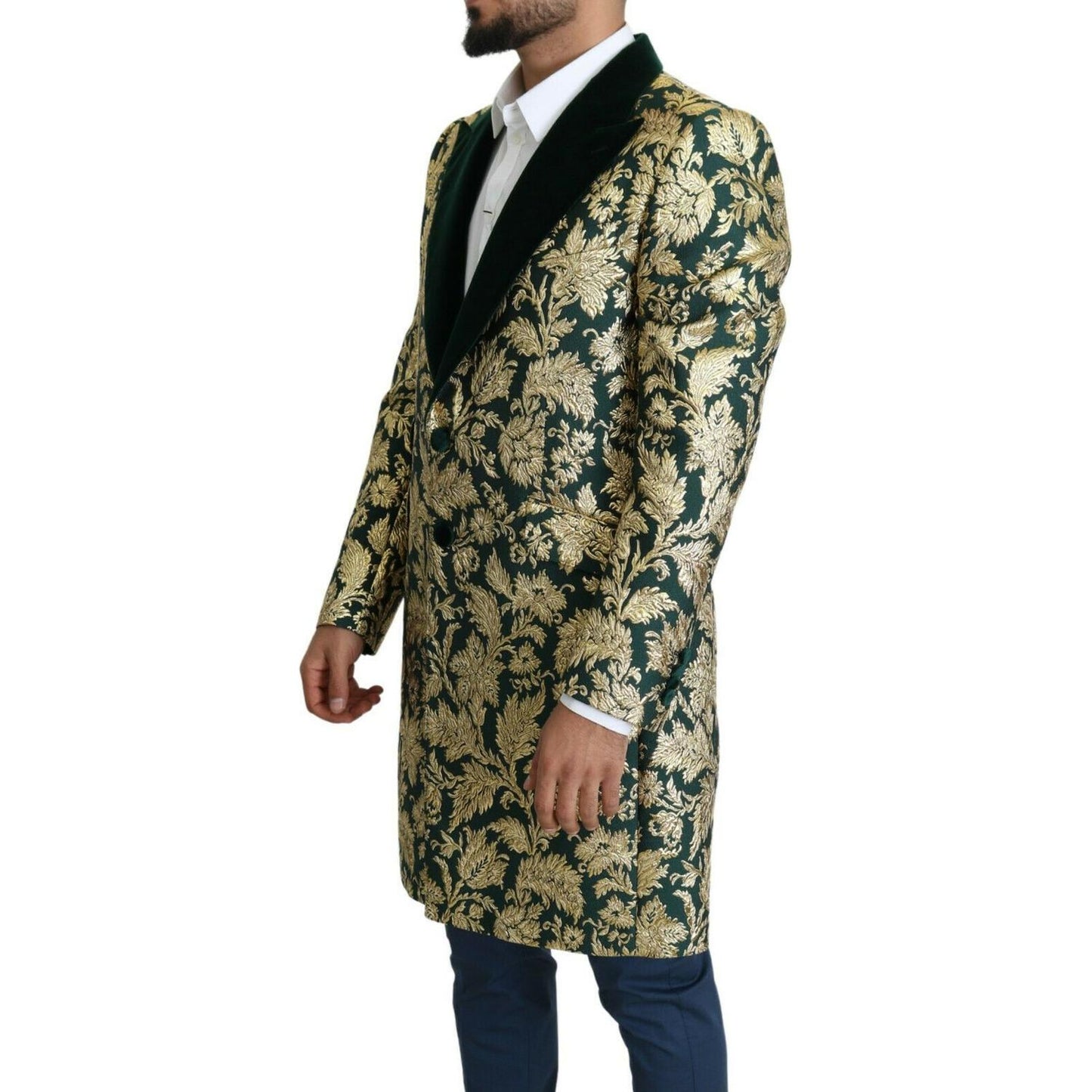 Dolce & Gabbana Elegant Gold Green Jacquard Sicilia Jacket 1728,67345645728,Dolce & Gabbana,Green,IT52 | XL,Jackets - Men - Clothing,Material: 70% Polyester 13% Cotton 10% Nylon 7% Metallized Fiber,Men,New with tags Dolce & Gabbana JKT2724- 52