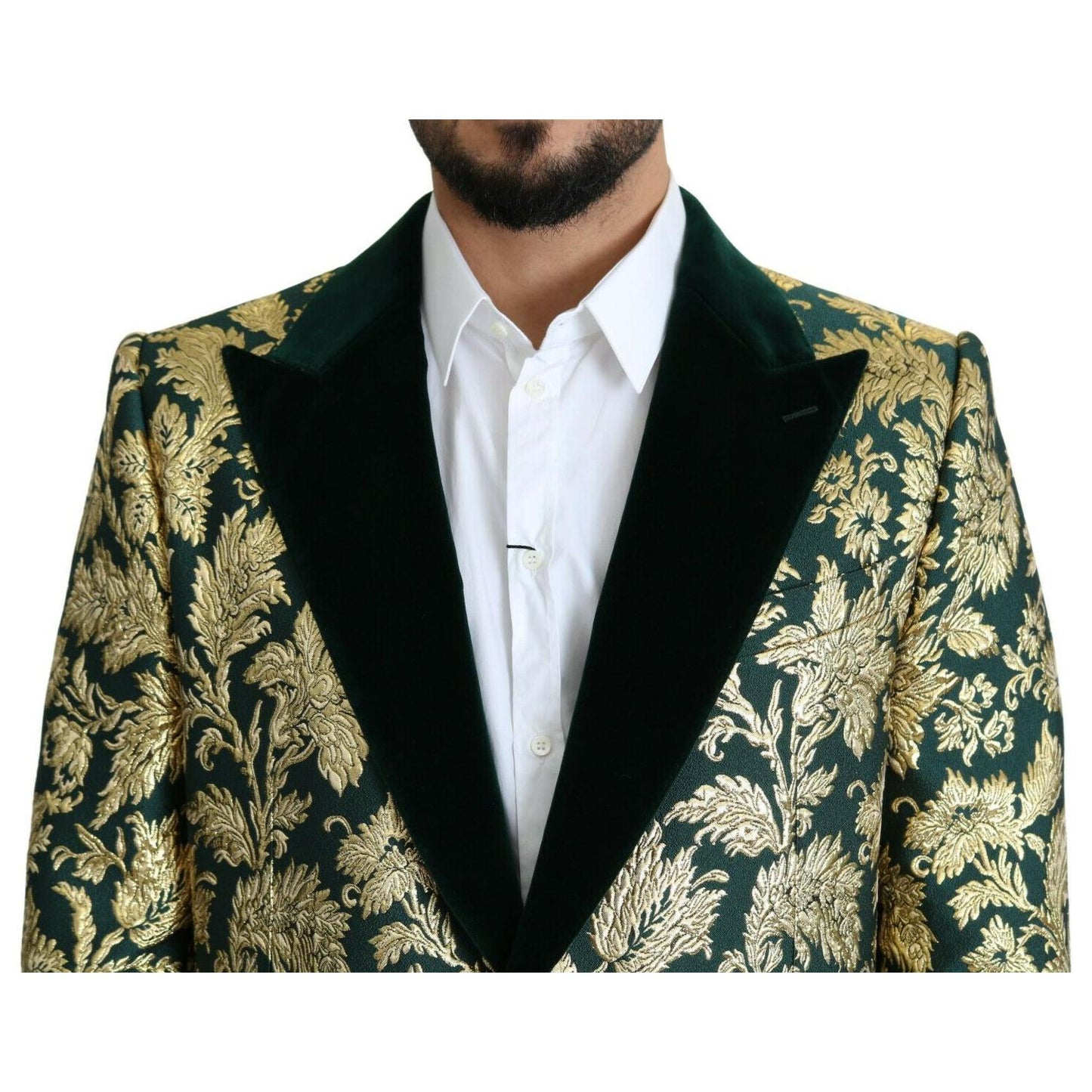 Dolce & Gabbana Elegant Gold Green Jacquard Sicilia Jacket 1728,67345645728,Dolce & Gabbana,Green,IT52 | XL,Jackets - Men - Clothing,Material: 70% Polyester 13% Cotton 10% Nylon 7% Metallized Fiber,Men,New with tags Dolce & Gabbana JKT2724- 52