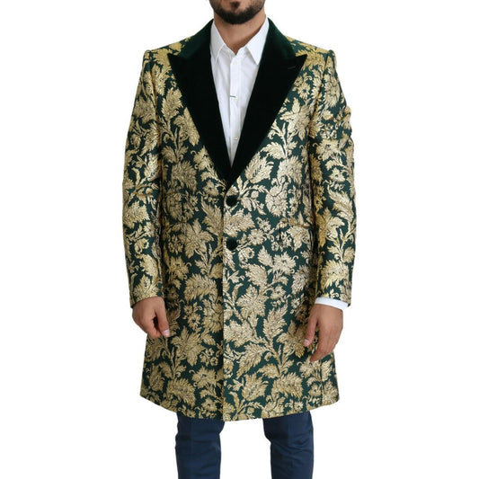 Dolce & Gabbana Elegant Gold Green Jacquard Sicilia Jacket 1728,67345645728,Dolce & Gabbana,Green,IT52 | XL,Jackets - Men - Clothing,Material: 70% Polyester 13% Cotton 10% Nylon 7% Metallized Fiber,Men,New with tags Dolce & Gabbana JKT2724- 52
