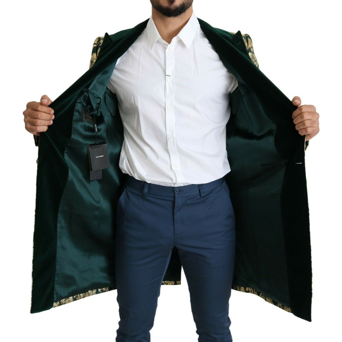 Dolce & Gabbana Elegant Gold Green Jacquard Sicilia Jacket 1728,67345645728,Dolce & Gabbana,Green,IT52 | XL,Jackets - Men - Clothing,Material: 70% Polyester 13% Cotton 10% Nylon 7% Metallized Fiber,Men,New with tags Dolce & Gabbana JKT2724- 52