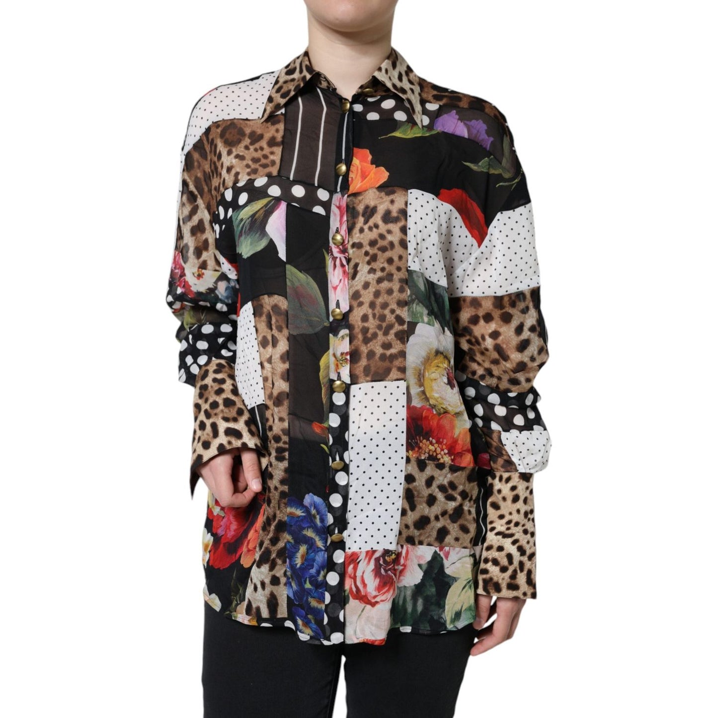 Dolce & Gabbana Multicolor Patchwork Silk Collared Blouse Top TSH86541-40