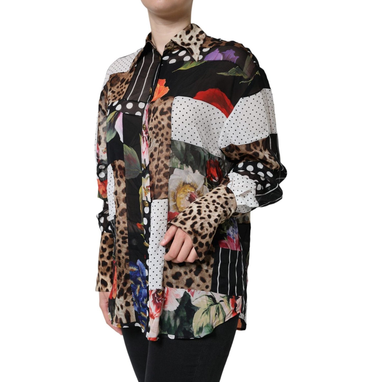 Dolce & Gabbana Multicolor Patchwork Silk Collared Blouse Top TSH86541-40