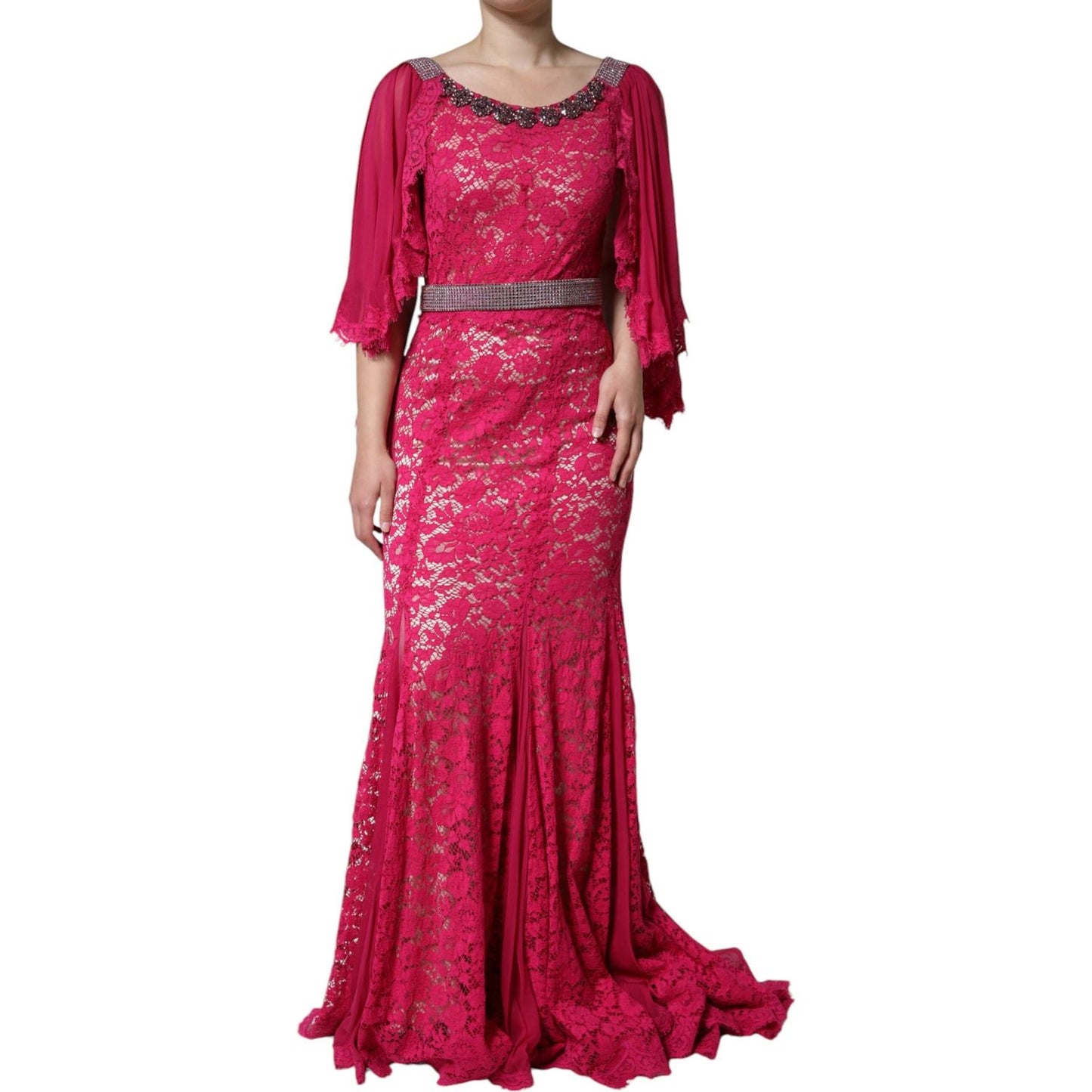 Dolce & Gabbana Pink Lace Crystal Sheath Long Gown Dress DR281285-42