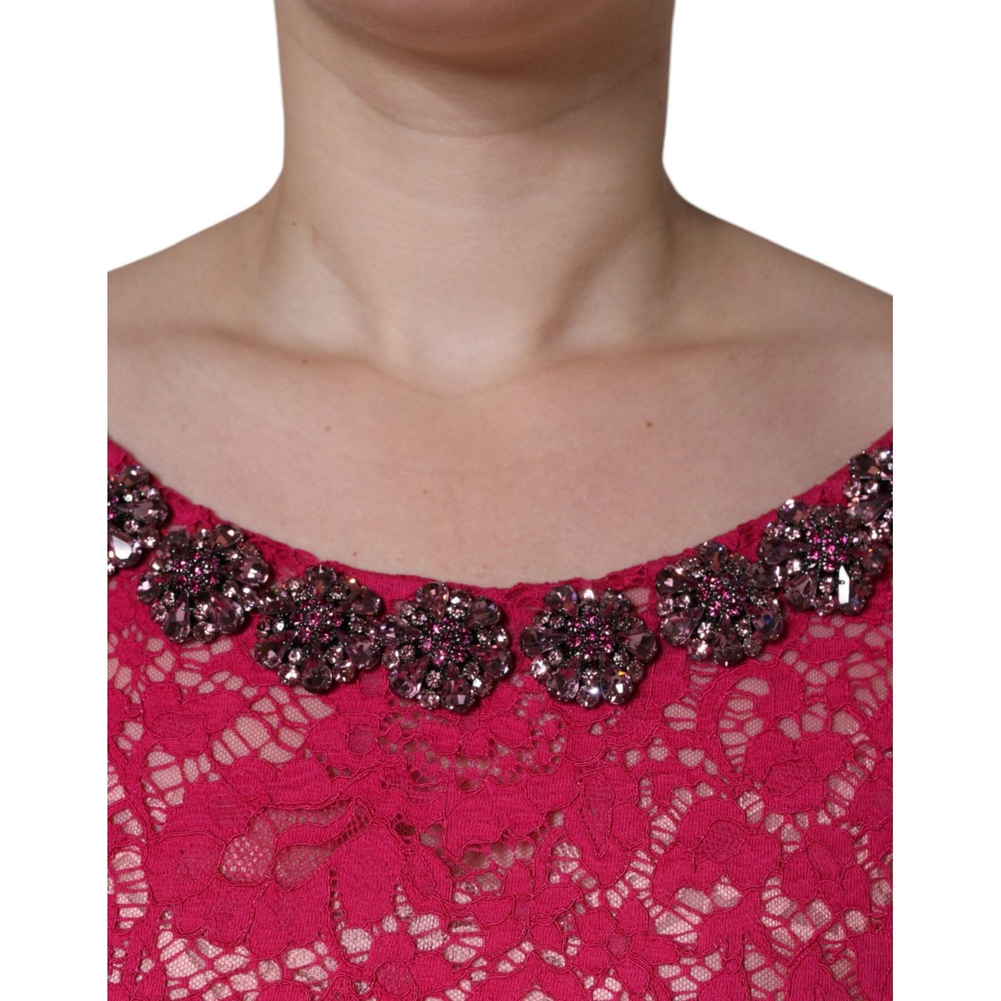 Dolce & Gabbana Pink Lace Crystal Sheath Long Gown Dress DR281285-42