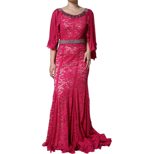 Dolce & Gabbana Pink Lace Crystal Sheath Long Gown Dress DR281285-42