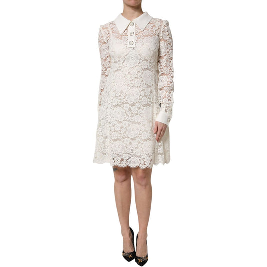 Dolce & Gabbana White Floral Lace Long Sleeves Shift Dress DR81566-42