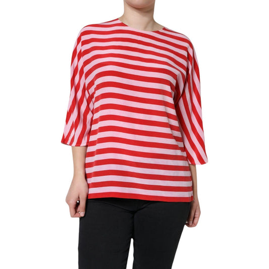 Dolce & Gabbana White Red Striped Silk Round Neck T-shirt TSH86539-46