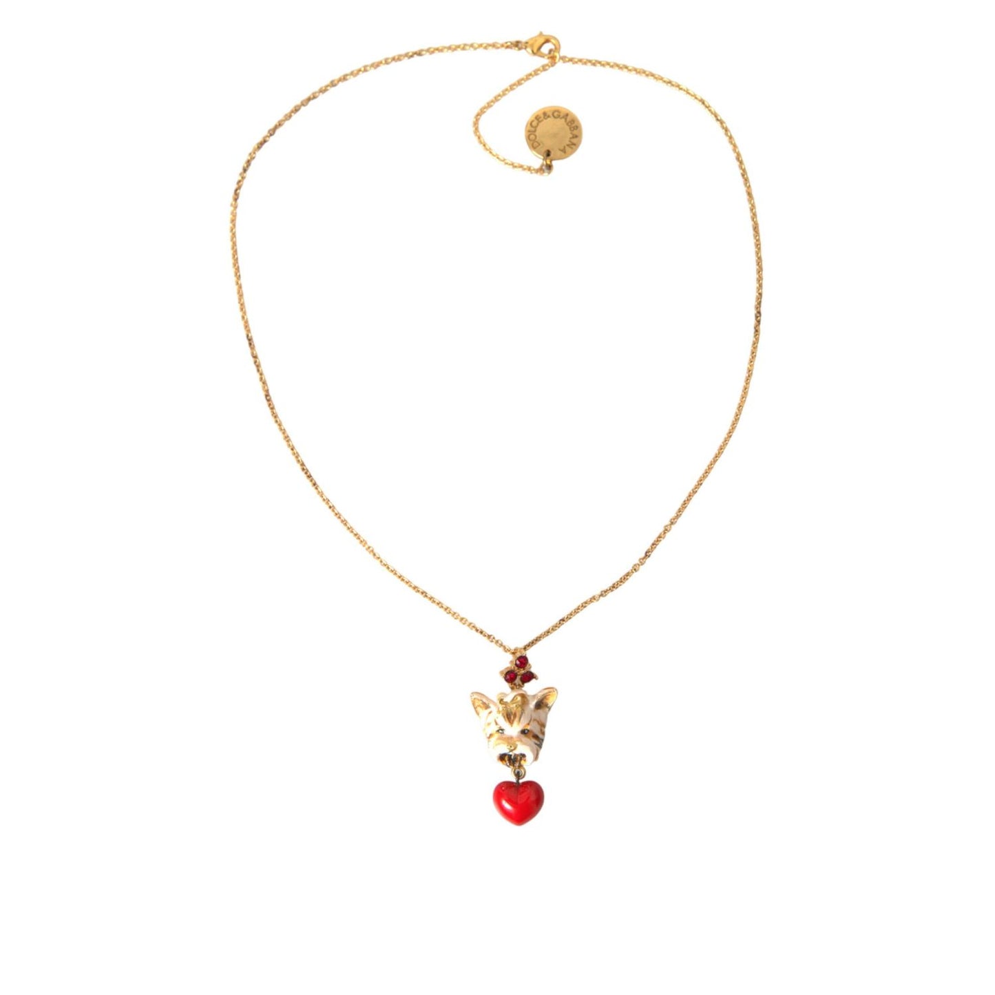 Dolce & Gabbana Gold Brass Chain Dog Heart Pendant Charm Necklace with red crystal embellishments, 40cm, made in Italy.