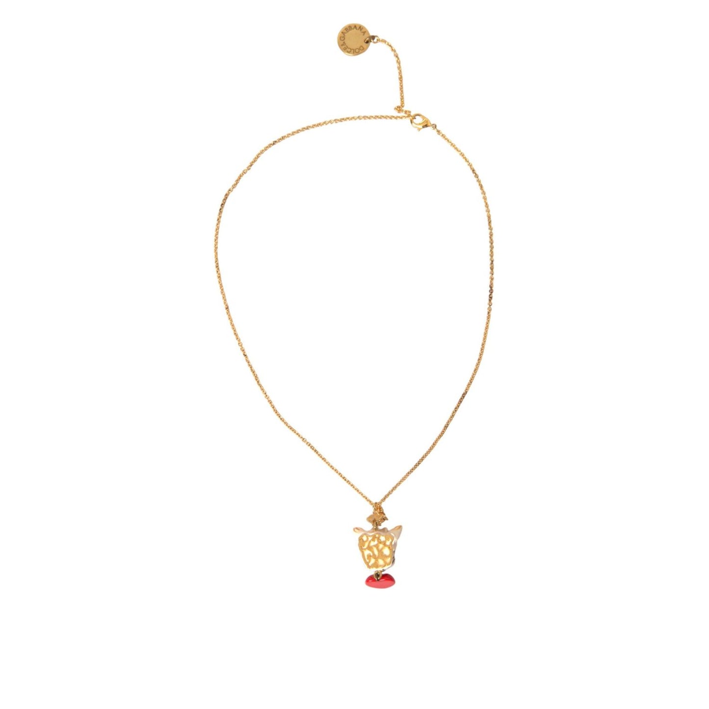 Dolce & Gabbana Gold Brass Chain Dog Heart Pendant Charm Necklace with red crystal embellishment