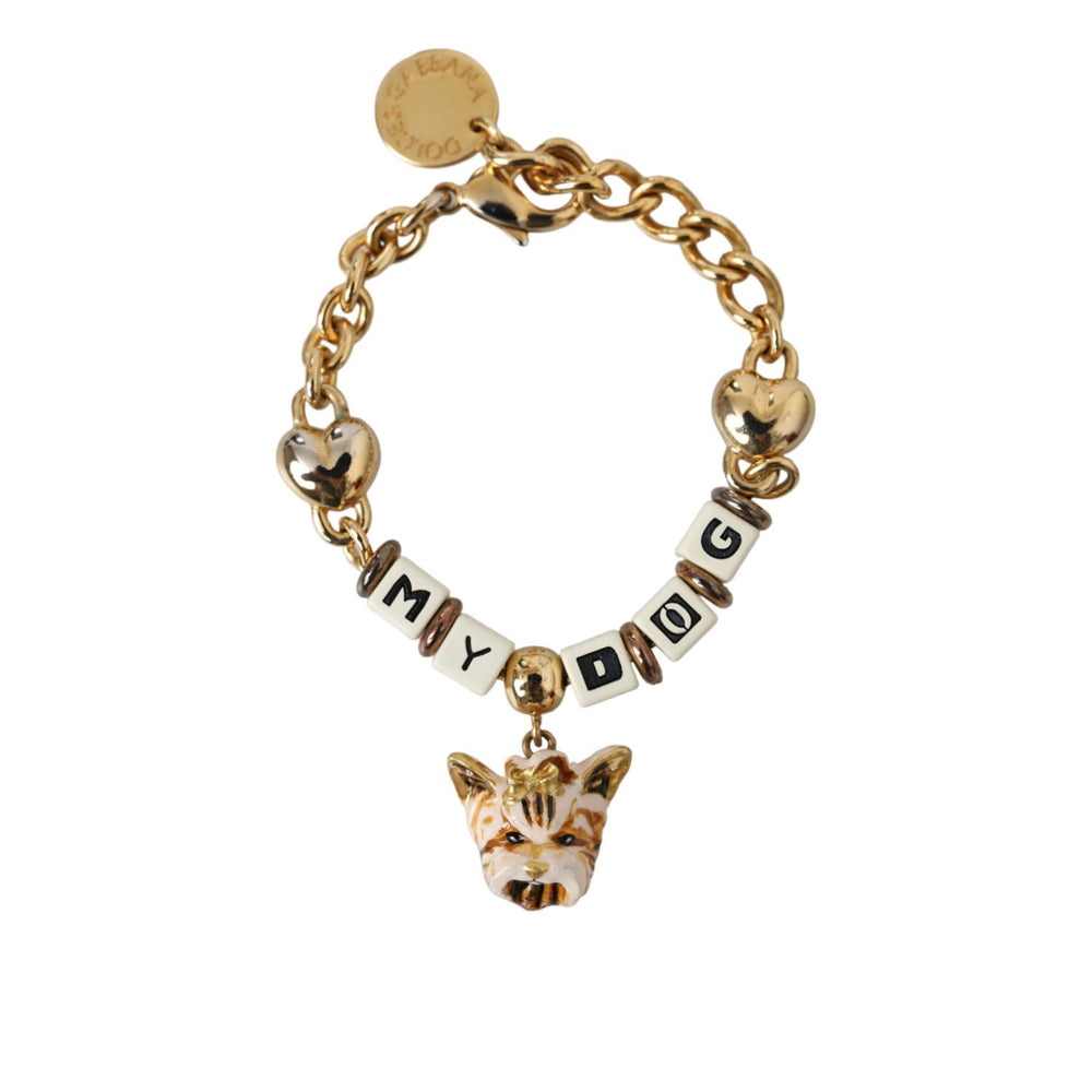 Dolce & Gabbana Gold Tone Brass Chain MY DOG Heart Bracelet with dog charm, gold accents, and lobster closure for women.